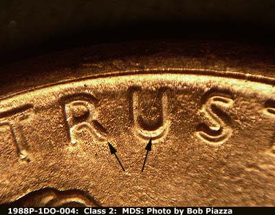 Die-stage B marker on 1988P•1DO•004 (1988 Doubled Die Obverse).