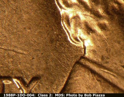 Die-stage B marker on 1988P•1DO•004 (1988 Doubled Die Obverse).