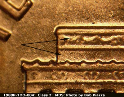 Die-stage B marker on 1988P•1DO•004 (1988 Doubled Die Obverse).