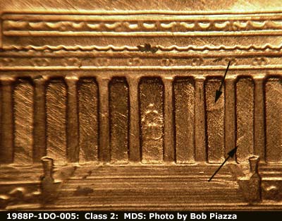 Die-stage B marker on 1988P•1DO•005 (1988 Doubled Die Obverse).