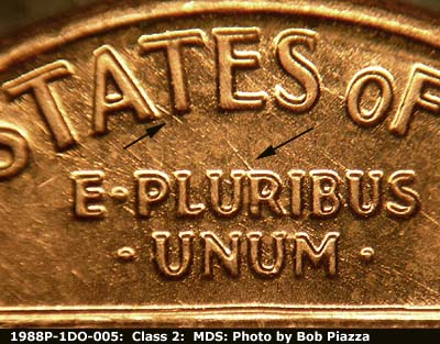 Die-stage B marker on 1988P•1DO•005 (1988 Doubled Die Obverse).