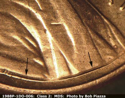 Die-stage B marker on 1988P•1DO•006 (1988 Doubled Die Obverse).