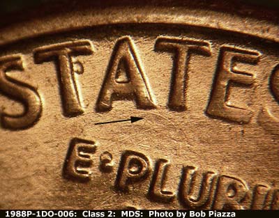 Die-stage B marker on 1988P•1DO•006 (1988 Doubled Die Obverse).