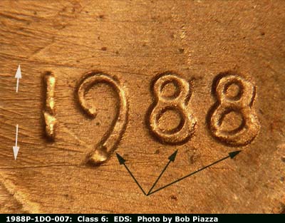 1988 Lincoln cent obverse, CopperCoins die 1988P•1DO•007.