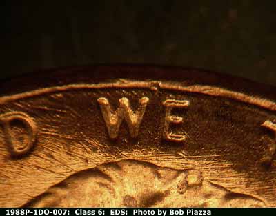 Die-stage B marker on 1988P•1DO•007 (1988 Doubled Die Obverse).