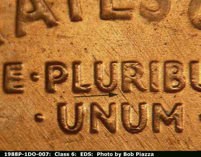 Die-stage B marker on 1988P•1DO•007 (1988 Doubled Die Obverse).