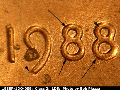 Die-stage C marker on 1988P•1DO•009 (1988 Doubled Die Obverse).