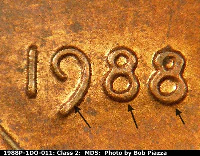 1988 Lincoln cent obverse, CopperCoins die 1988P•1DO•011.