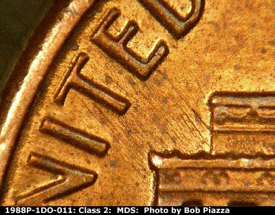 Die-stage B marker on 1988P•1DO•011 (1988 Doubled Die Obverse).