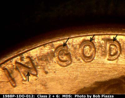 Die-stage B marker on 1988P•1DO•012 (1988 Doubled Die Obverse).