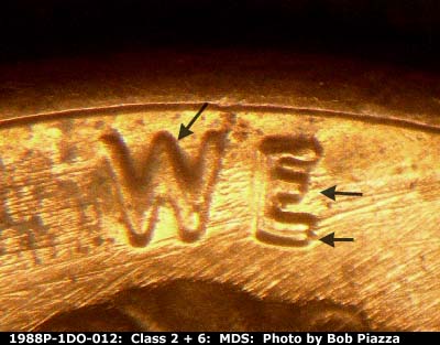 Die-stage B marker on 1988P•1DO•012 (1988 Doubled Die Obverse).