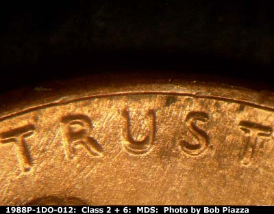 Die-stage B marker on 1988P•1DO•012 (1988 Doubled Die Obverse).