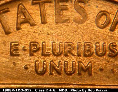 Die-stage B marker on 1988P•1DO•012 (1988 Doubled Die Obverse).
