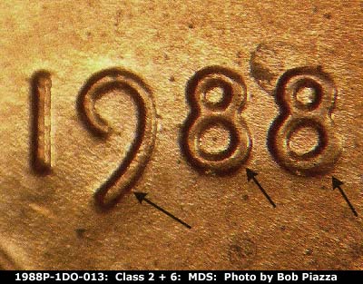 1988 Lincoln cent obverse, CopperCoins die 1988P•1DO•013.