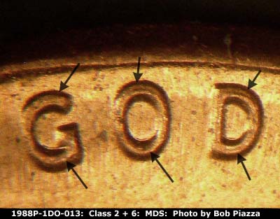 Die-stage B marker on 1988P•1DO•013 (1988 Doubled Die Obverse).