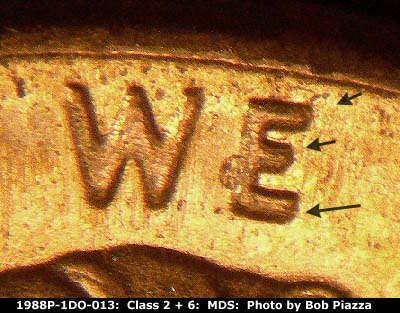 Die-stage B marker on 1988P•1DO•013 (1988 Doubled Die Obverse).