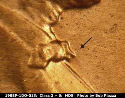 Die-stage B marker on 1988P•1DO•013 (1988 Doubled Die Obverse).