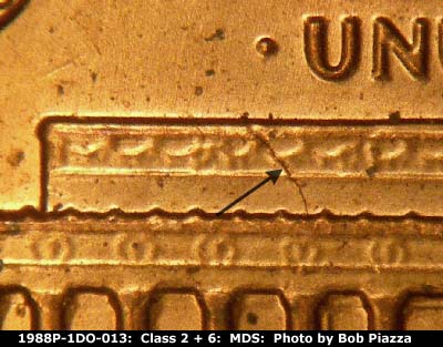 Die-stage B marker on 1988P•1DO•013 (1988 Doubled Die Obverse).