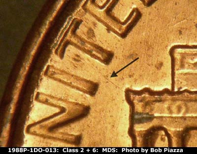 Die-stage B marker on 1988P•1DO•013 (1988 Doubled Die Obverse).