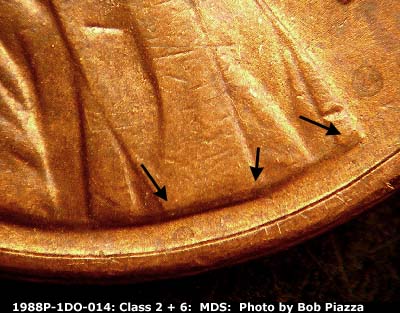 Die-stage B marker on 1988P•1DO•014 (1988 Doubled Die Obverse).