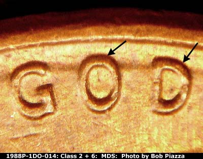 Die-stage B marker on 1988P•1DO•014 (1988 Doubled Die Obverse).