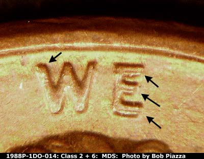 Die-stage B marker on 1988P•1DO•014 (1988 Doubled Die Obverse).