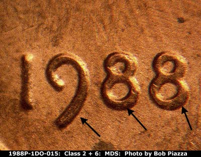1988 Lincoln cent obverse, CopperCoins die 1988P•1DO•015.