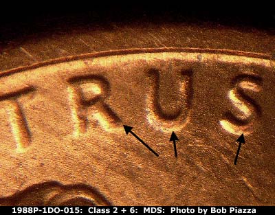 Die-stage B marker on 1988P•1DO•015 (1988 Doubled Die Obverse).
