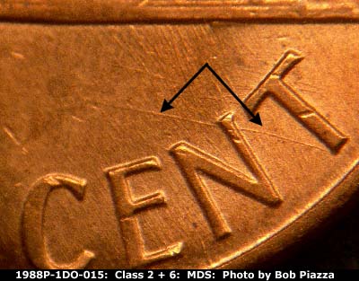 Die-stage B marker on 1988P•1DO•015 (1988 Doubled Die Obverse).