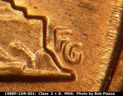 Die-stage B marker on 1988P•1DR•001 (1988 Doubled Die Reverse).