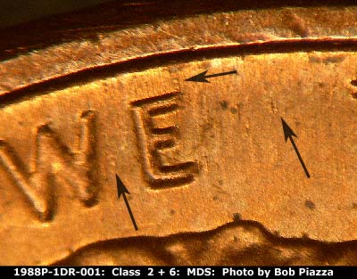 Die-stage B marker on 1988P•1DR•001 (1988 Doubled Die Reverse).