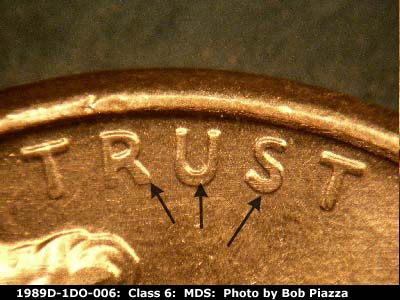 Die-stage B marker on 1989D•1DO•006 (1989 Doubled Die Obverse).