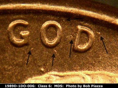 Die-stage B marker on 1989D•1DO•006 (1989 Doubled Die Obverse).
