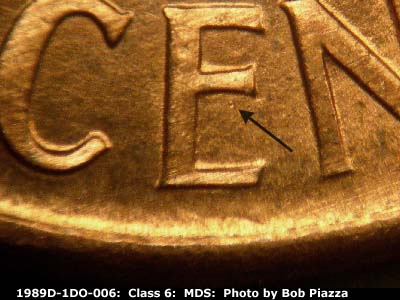 Die-stage B marker on 1989D•1DO•006 (1989 Doubled Die Obverse).