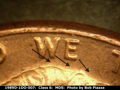 Die-stage B marker on 1989D•1DO•007 (1989 Doubled Die Obverse).