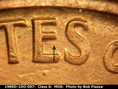 Die-stage B marker on 1989D•1DO•007 (1989 Doubled Die Obverse).