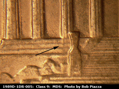 Die-stage B marker on 1989D•1DR•005 (1989 Doubled Die Reverse).