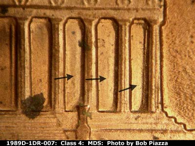 Die-stage B marker on 1989D•1DR•007 (1989 Doubled Die Reverse).
