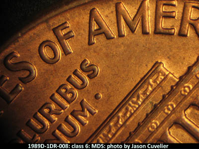 Die-stage B marker on 1989D•1DR•008 (1989 Doubled Die Reverse).