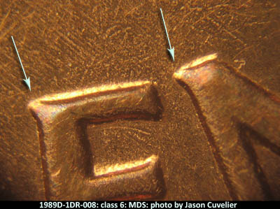 Die-stage B marker on 1989D•1DR•008 (1989 Doubled Die Reverse).