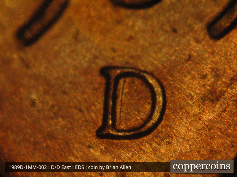 Die-stage A marker on 1989D•1MM•002 (1989 Repunched Mint Mark).