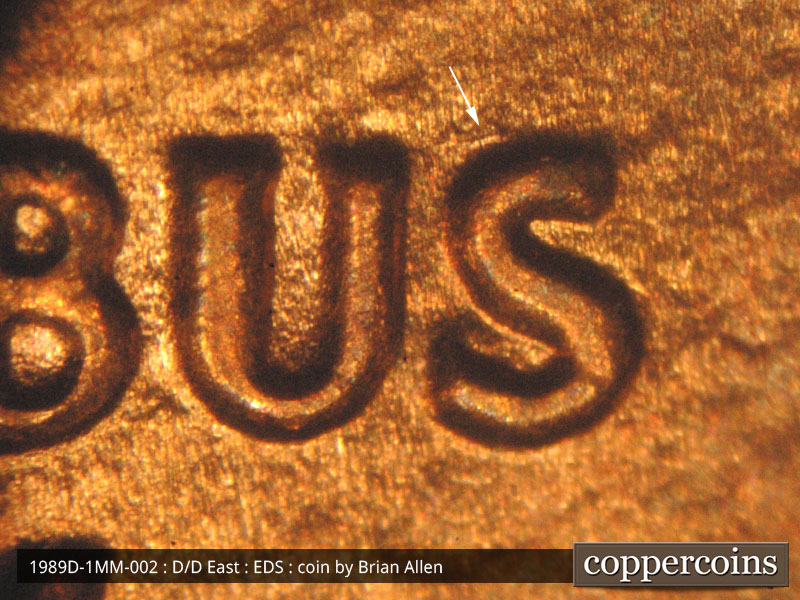 Die-stage A marker on 1989D•1MM•002 (1989 Repunched Mint Mark).