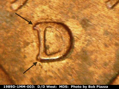Die-stage B marker on 1989D•1MM•003 (1989 Repunched Mint Mark).