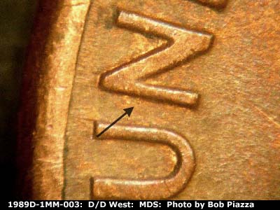 Die-stage B marker on 1989D•1MM•003 (1989 Repunched Mint Mark).
