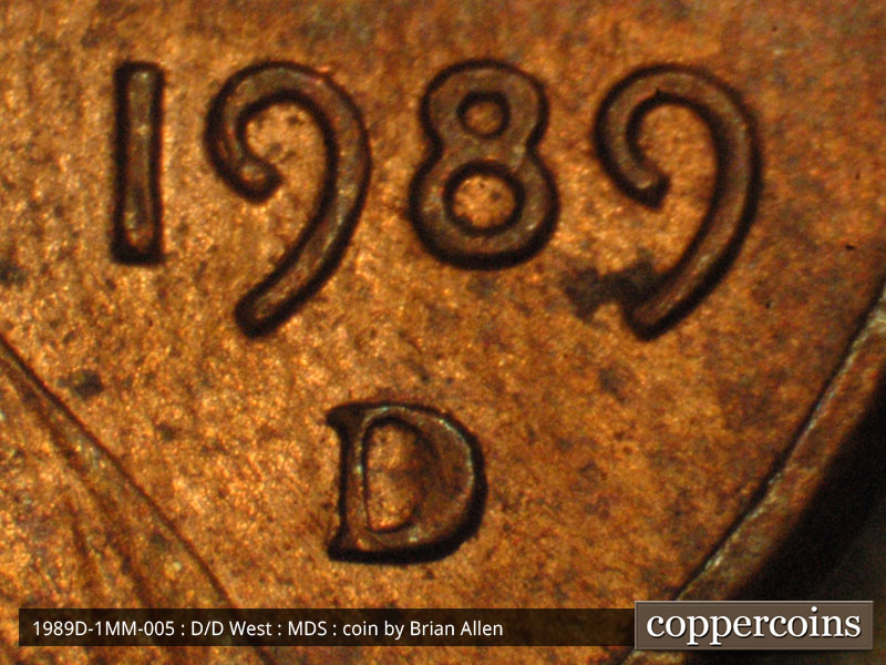 Die-stage B marker on 1989D•1MM•005 (1989 Repunched Mint Mark).