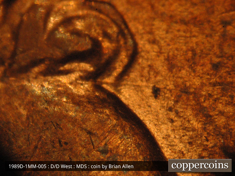 Die-stage B marker on 1989D•1MM•005 (1989 Repunched Mint Mark).