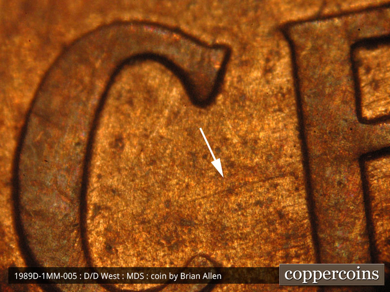 Die-stage B marker on 1989D•1MM•005 (1989 Repunched Mint Mark).