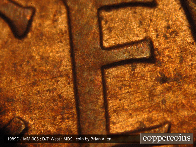 Die-stage B marker on 1989D•1MM•005 (1989 Repunched Mint Mark).