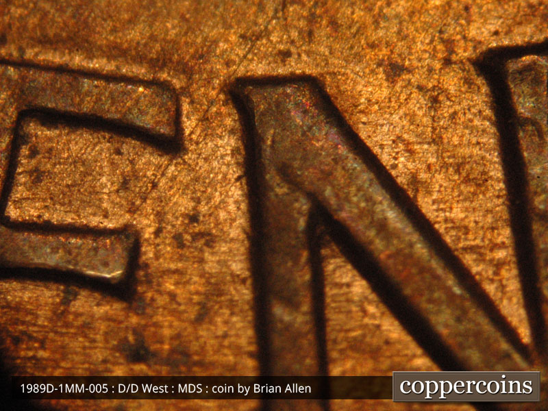 Die-stage B marker on 1989D•1MM•005 (1989 Repunched Mint Mark).