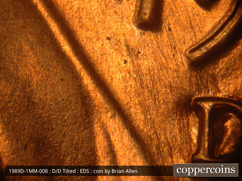 Die-stage A marker on 1989D•1MM•008 (1989 Repunched Mint Mark).